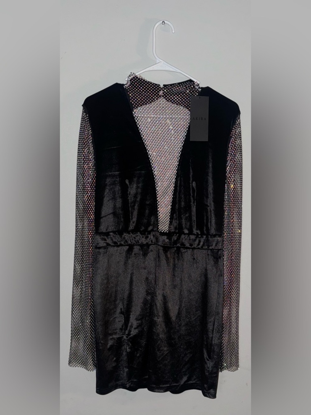 AKIRA Black Velvet Dress with Crystal Mesh Sleeves